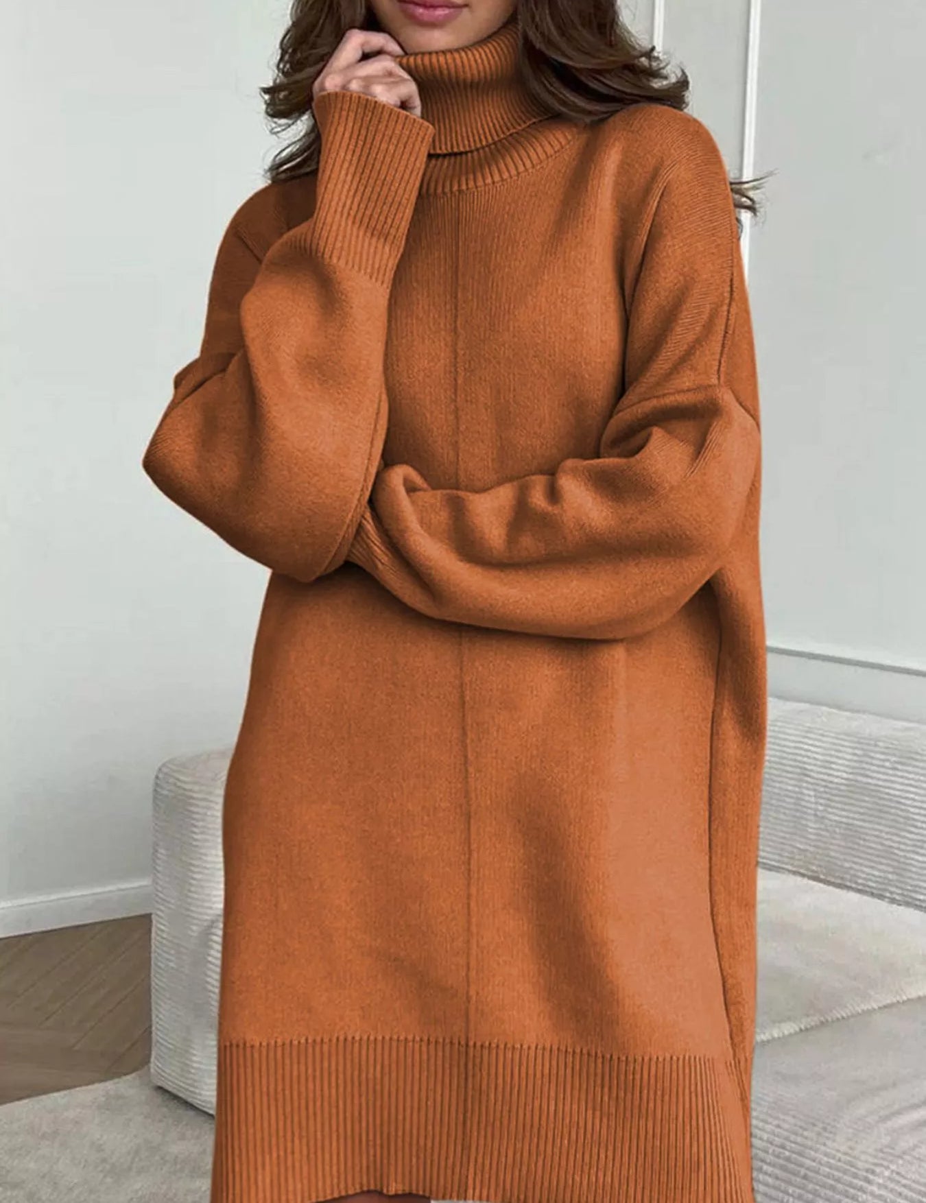 Solid Color Turtleneck Drop Shoulder Loose Fit Sweater Dress | Mini Dresses Daverri Fashions