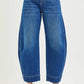 RISEN mid-rise crop barrel jeans in blue denim with wide-leg and fading