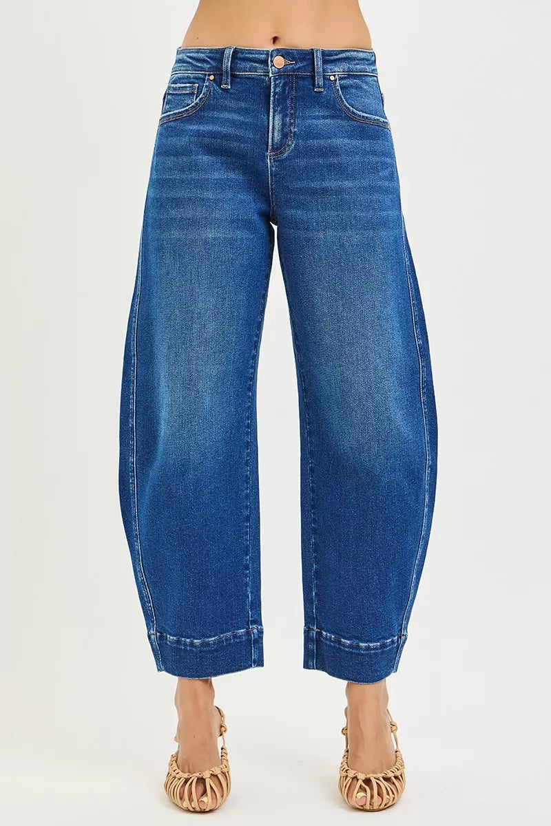 RISEN mid-rise crop barrel jeans in blue denim with wide-leg and fading