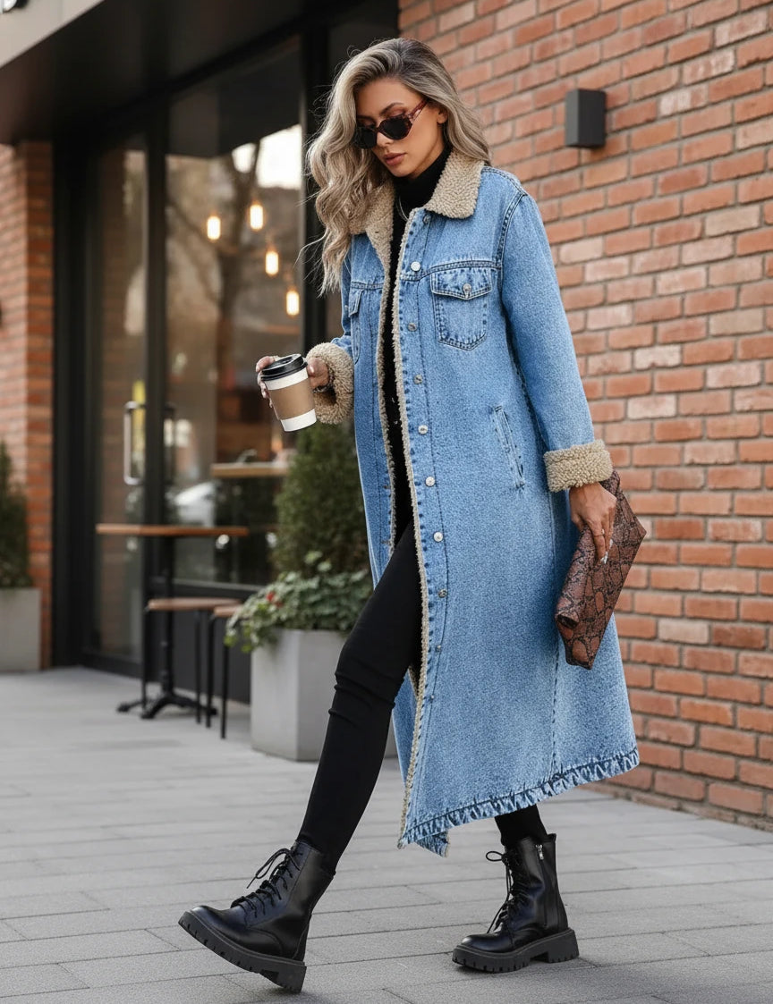 Light blue Sherpa lined longline denim jacket with shearling collar and distressed details