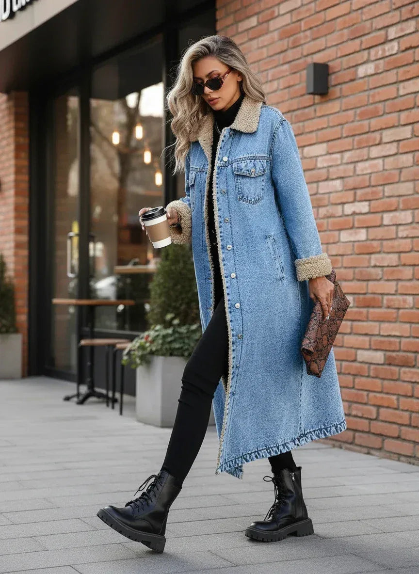 Daverri Fashions Sherpa Lined Longline Denim Jacket - DAVERRI FASHIONS