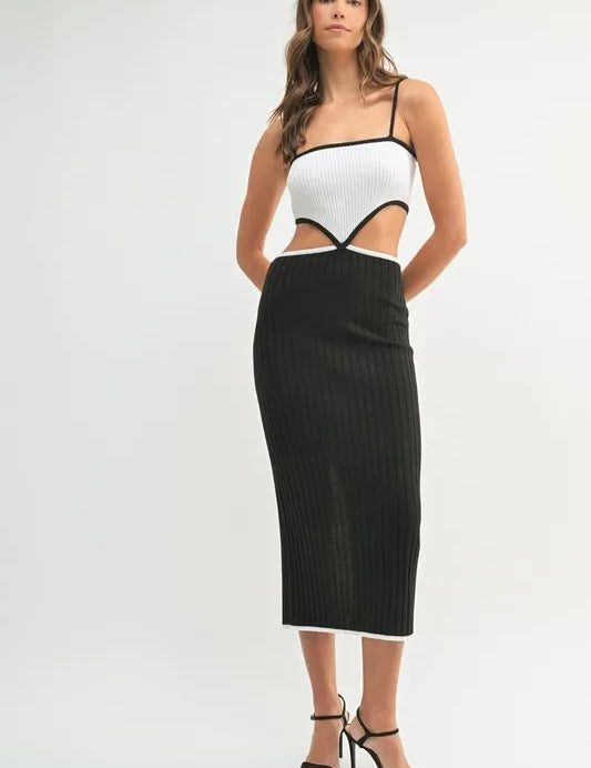 MABLE Black Ribbed Knit Color Block Cutout Midi Dress | Midi Dresses Daverri Fashions