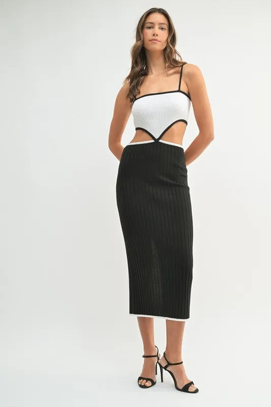 MABLE Black Ribbed Knit Color Block Cutout Midi Dress Midi Dresses