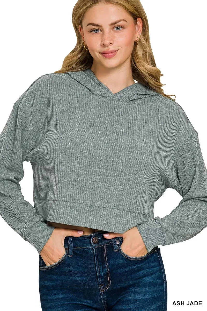 Drop Shoulder Ribbed Crop Hoodie Ash Jade - DAVERRI FASHIONS