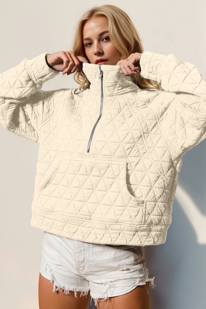 Half Zip Long Sleeve Quilted Sweatshirt with Pocket Tops