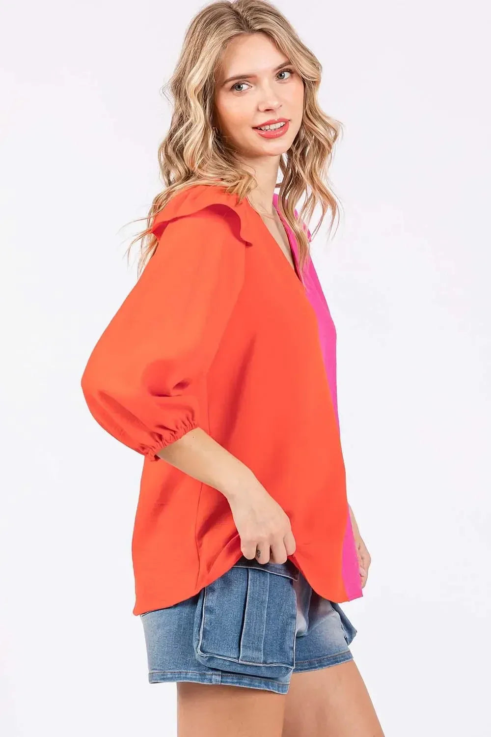 GeeGee Full Size Ruffle Trim Contrast Blouse - DAVERRI FASHIONS