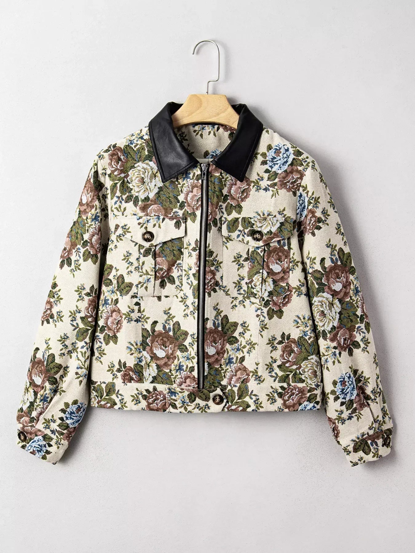 Vintage Floral Print Zip Up Contrast Collared Jacket - DAVERRI FASHIONS