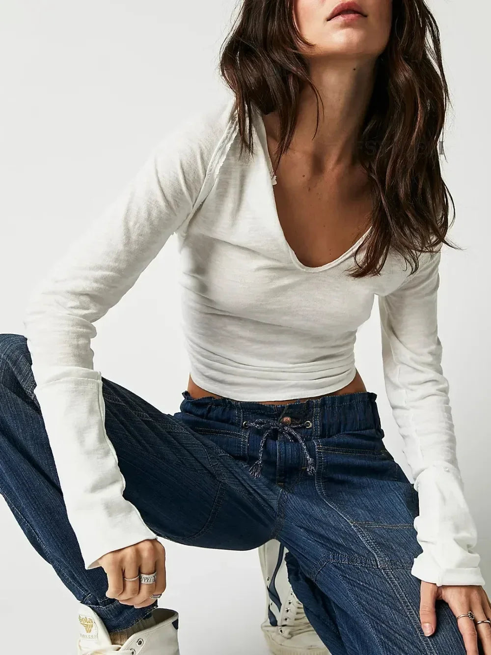 Exposed Seam Notched Long Sleeve T-Shirt - DAVERRI FASHIONS