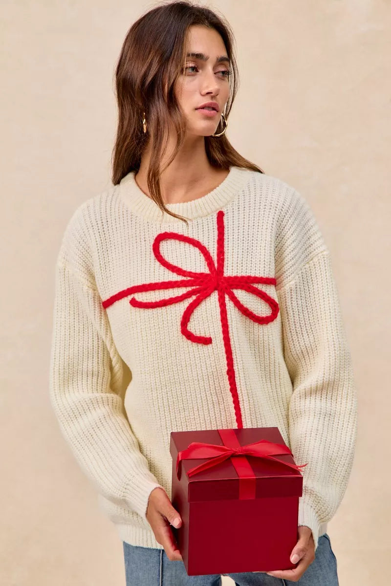 BiBi Christmas Ribbon Bow Embroidery Sweater | Sweaters Daverri Fashions