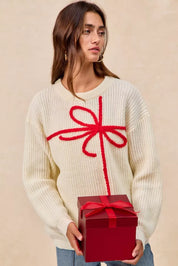 BiBi Christmas Ribbon Bow Embroidery Sweater | Sweaters Daverri Fashions