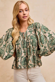 BiBi Printed Woven Front Tied Blouse with Baloon Sleeve | Blouses Daverri Fashions