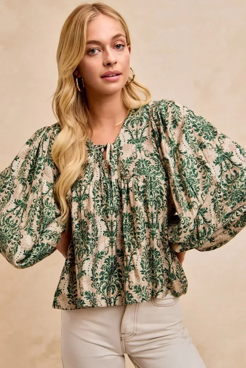 BiBi Printed Woven Front Tied Blouse with Baloon Sleeve - DAVERRI FASHIONS