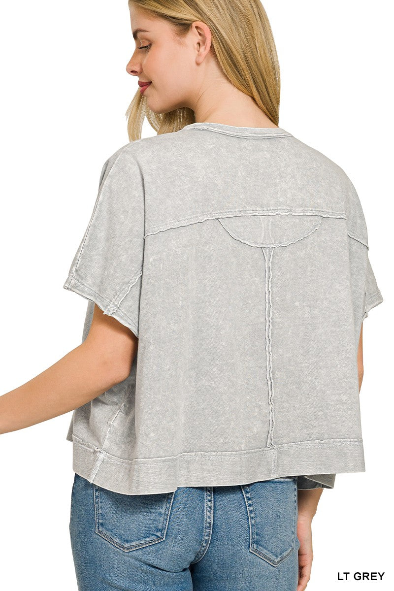 Zenana Halo light grey cropped tee back with distressed patchwork stitching