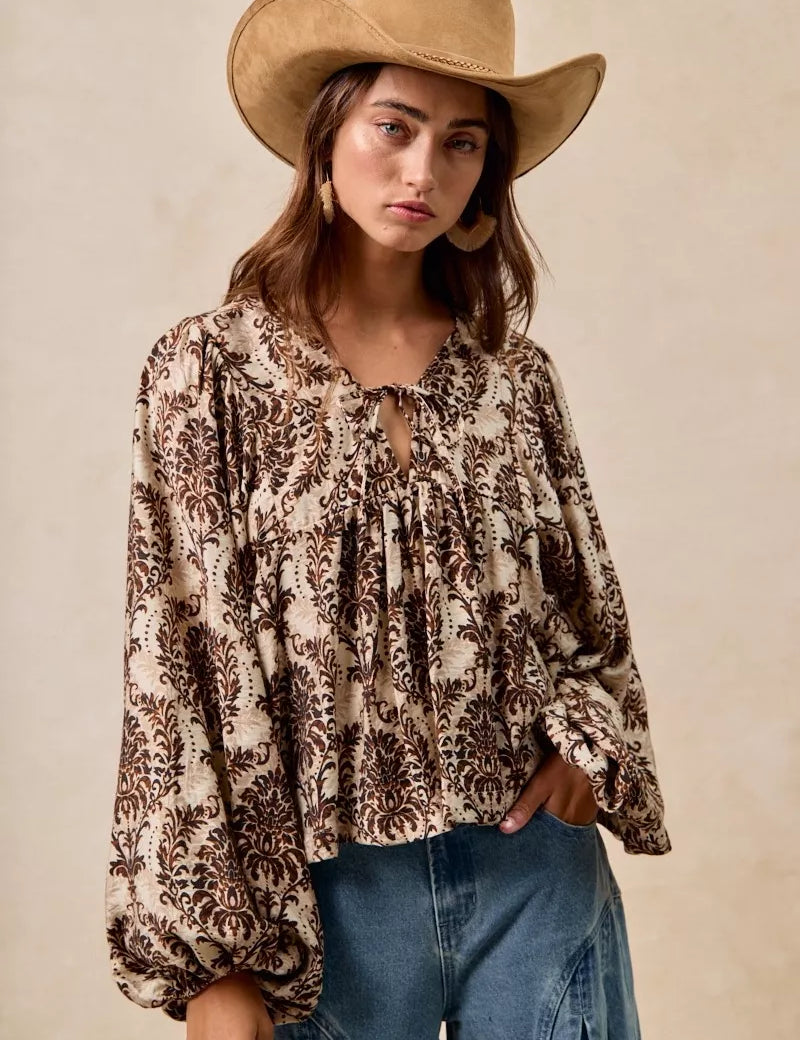 TAN BROWN L BiBi Printed Woven Front Tied Blouse with Baloon Sleeve | Blouses Daverri Fashions