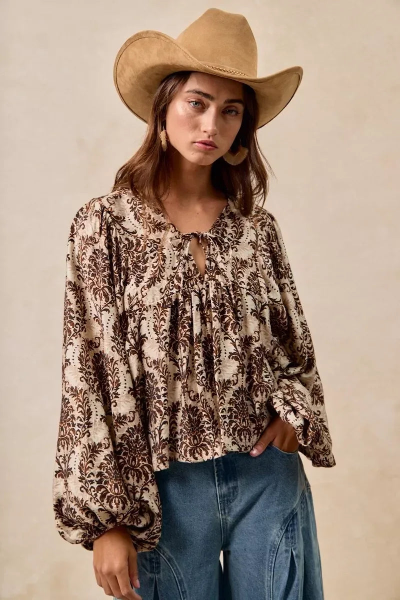 BiBi Printed Woven Front Tied Blouse with Baloon Sleeve - DAVERRI FASHIONS