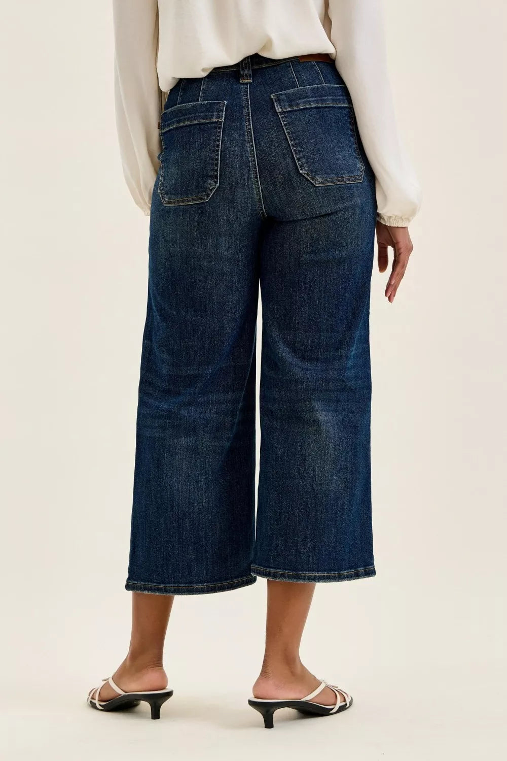 Dark blue high waist Judy Blue wide crop denim culottes with patch pocket