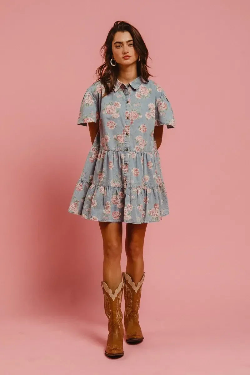 BiBi Floral Print Washed Lightweight Tiered Shirt Dress - DAVERRI FASHIONS