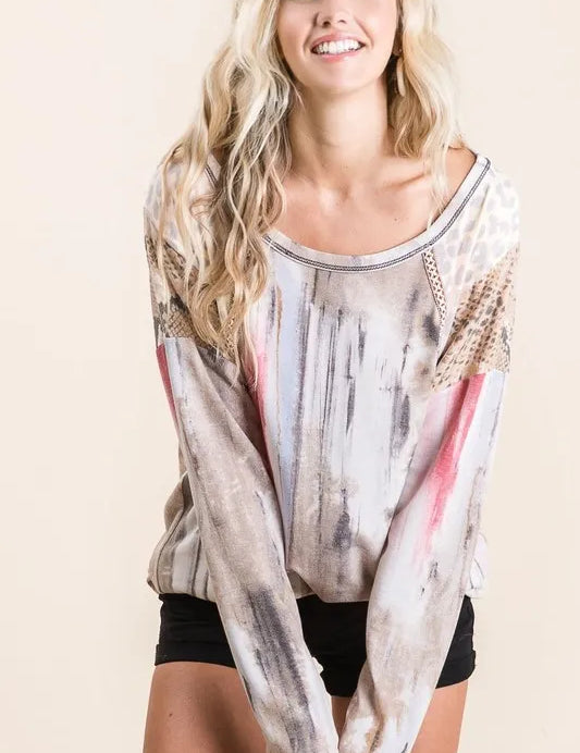 BiBi Tie Dye Knit Top with Print Block Shoulder | Tops Daverri Fashions