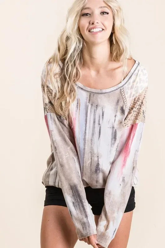 BiBi Tie Dye Knit Top with Print Block Shoulder - DAVERRI FASHIONS