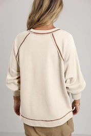 Beige Exposed Seam Textured Knit V Neck Pullover Top