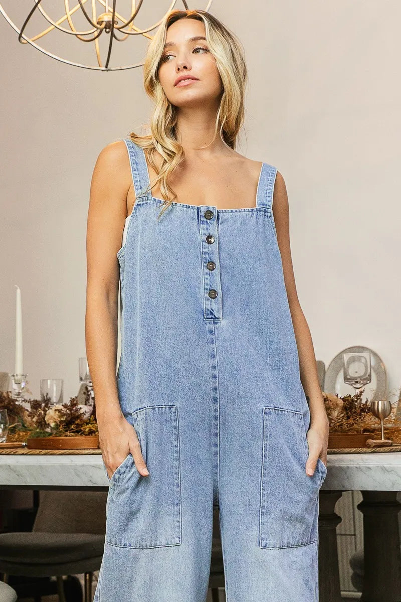BiBi Washed Denim Buttoned Overall Jumpsuit Jumpsuits