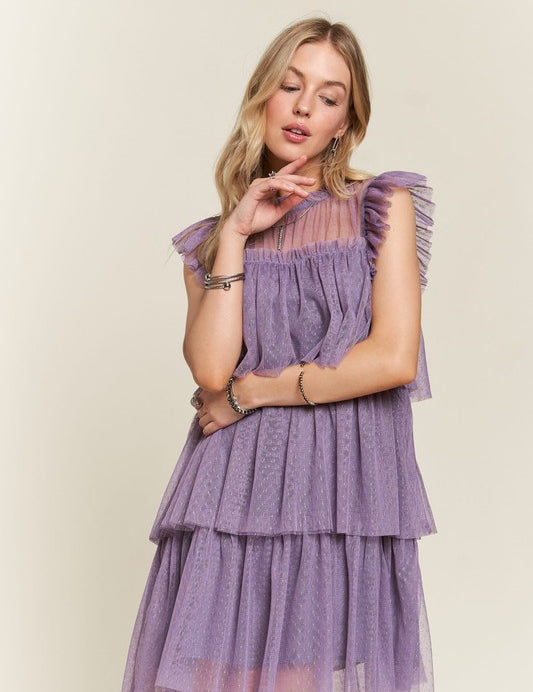 ADORA Layered Ruffled Cap Sleeve Mesh Dress Mauve