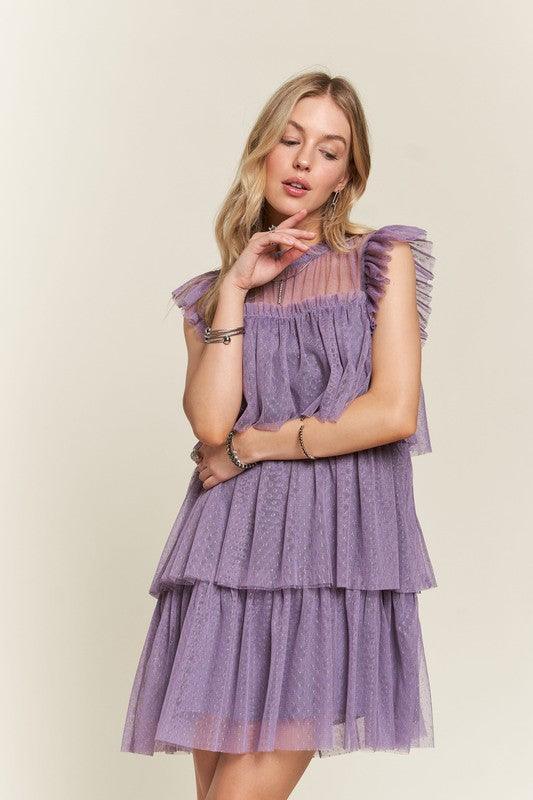 ADORA Layered Ruffled Cap Sleeve Mesh Dress Mauve S