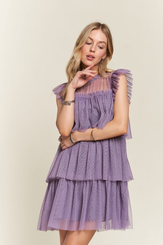 ADORA Layered Ruffled Cap Sleeve Mesh Dress Mauve