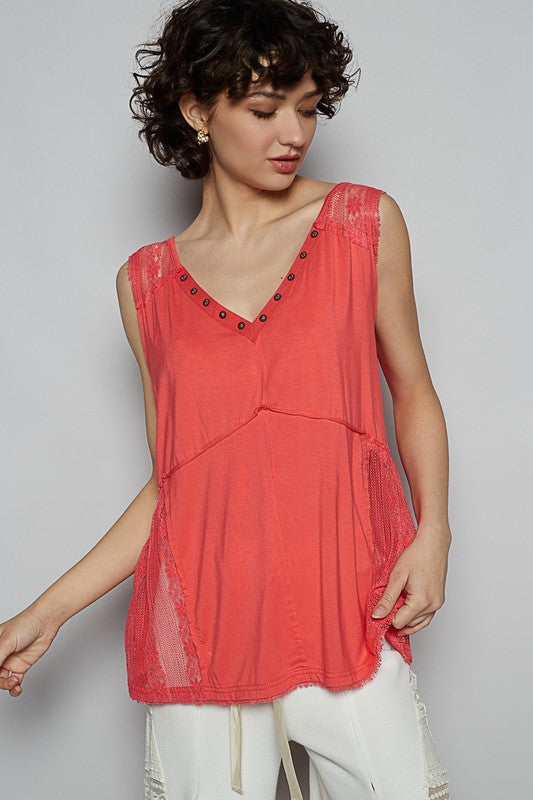 POL Lace Detail Studded Crisscross Back V-Neck Sleeveless Top Strawberry