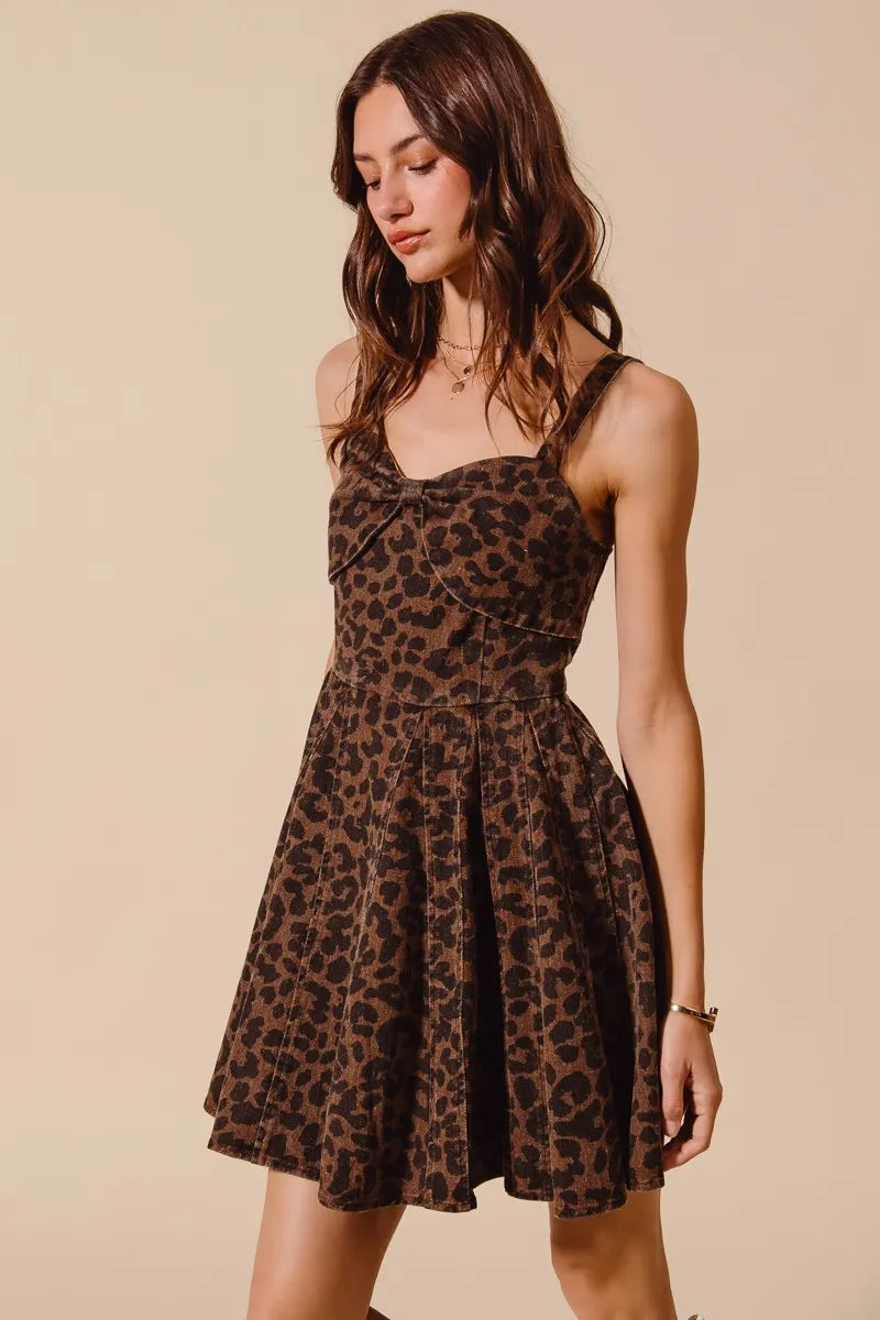 SO ME Mineral Washed Leopard Flare Cami Dress Mini Dresses
