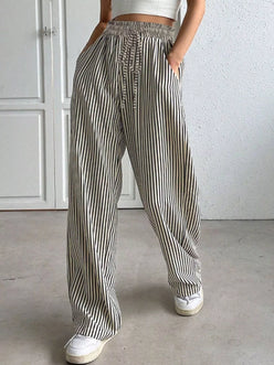 Daverri striped high-waisted wide leg pants in black beige stripes