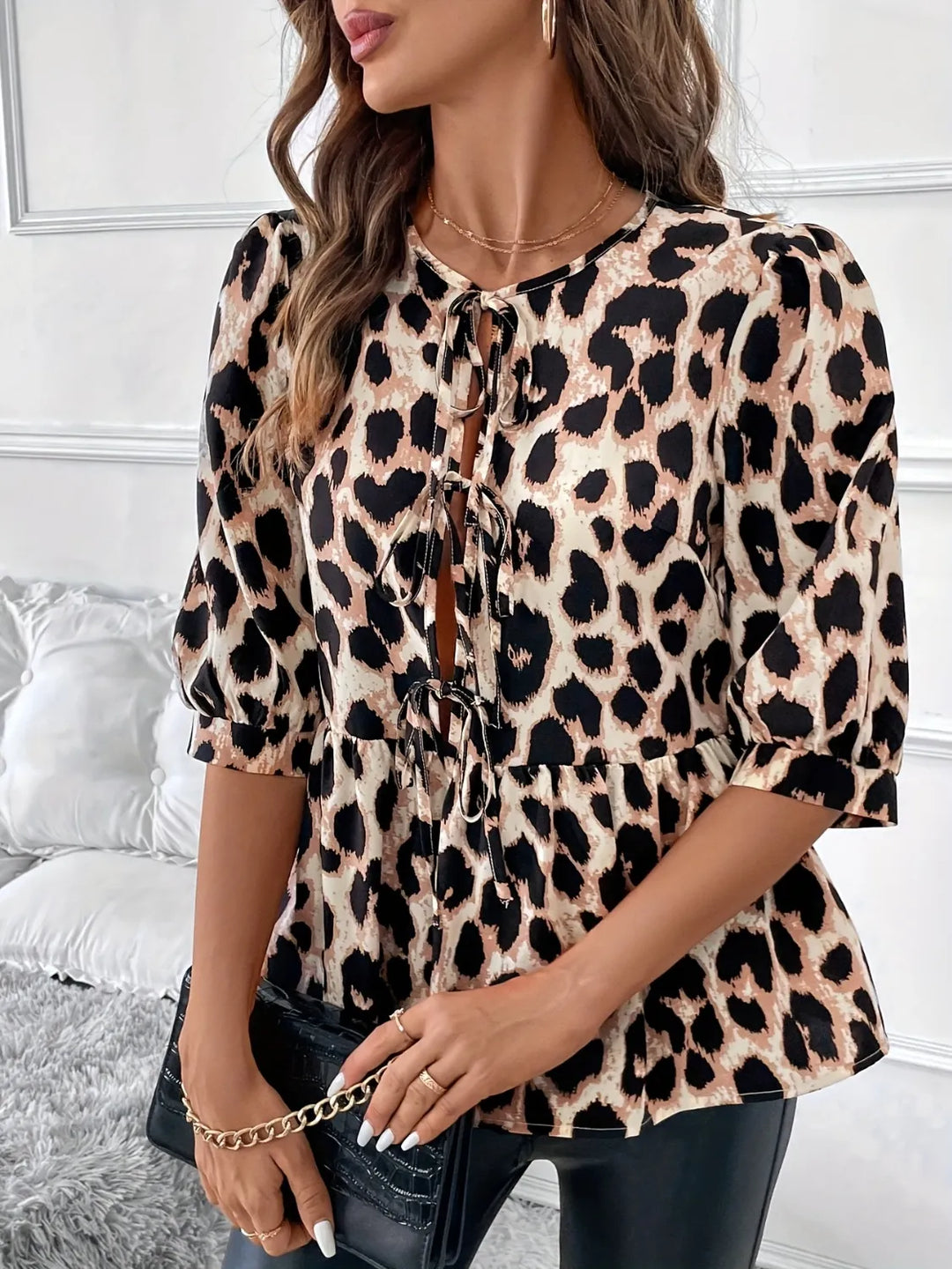 Tied Leopard Round Neck Half Sleeve Blouse | Blouses Daverri Fashions