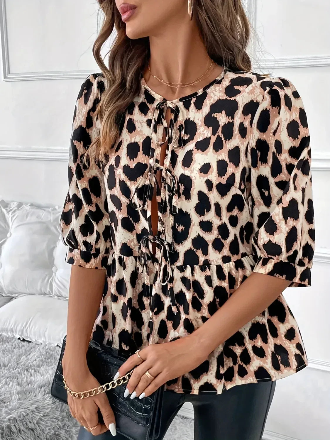 Tied Leopard Round Neck Half Sleeve Blouse - DAVERRI FASHIONS