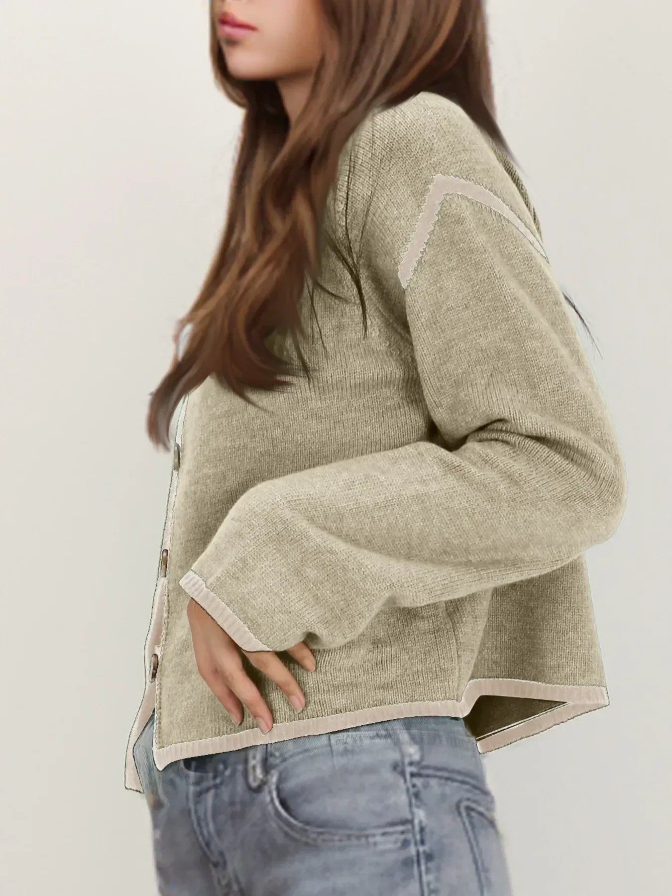 Button-Front Cardigan with Contrast Trim - DAVERRI FASHIONS