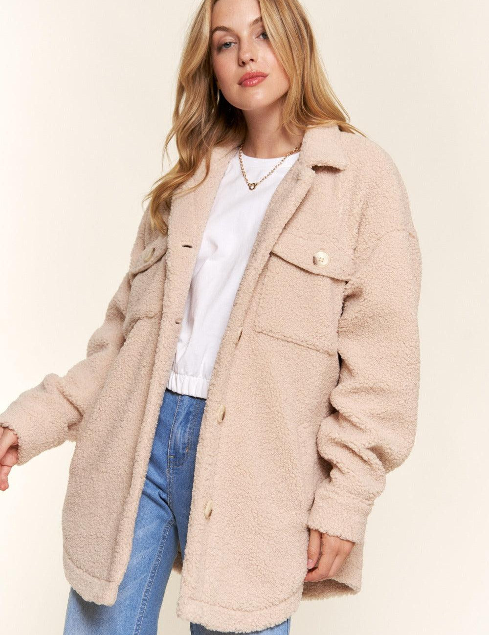 Natural And The Why Teddy Sherpa Button Down Curved Hem Shacket | Shackets Daverri Fashions