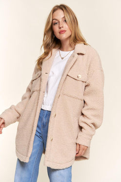 And The Why Teddy Sherpa Button Down Curved Hem Shacket - DAVERRI FASHIONS