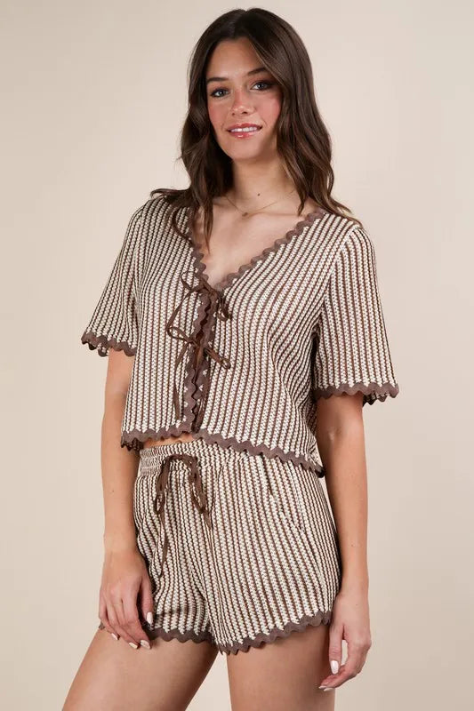 VERY J Wave Trim Detail Knit Top & Shorts Set Outfit Sets
