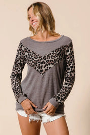 BiBi Sweater Knit Top With Leopard V Shape Block | Sweaters Daverri Fashions