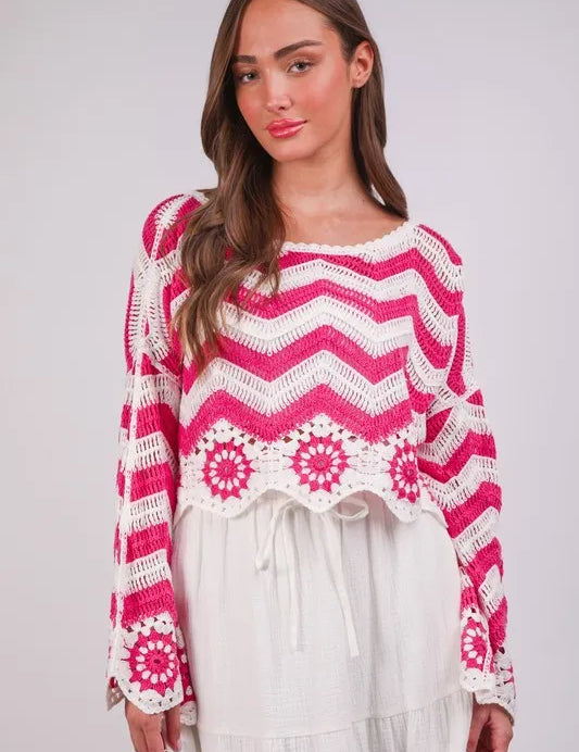 Floral Pattern Crochet Knit Top | Knit Tops Daverri Fashions