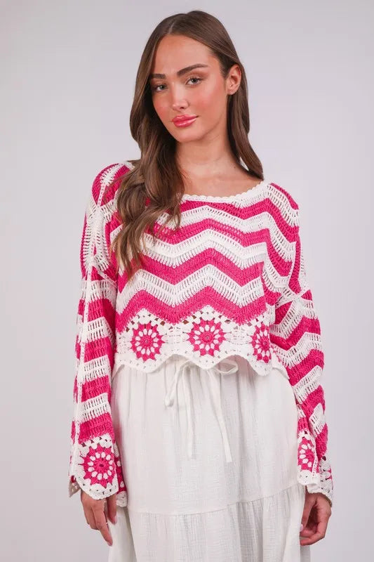 VERY J Chevron/Floral Pattern Crochet Knit Top | Knit Tops Daverri Fashions