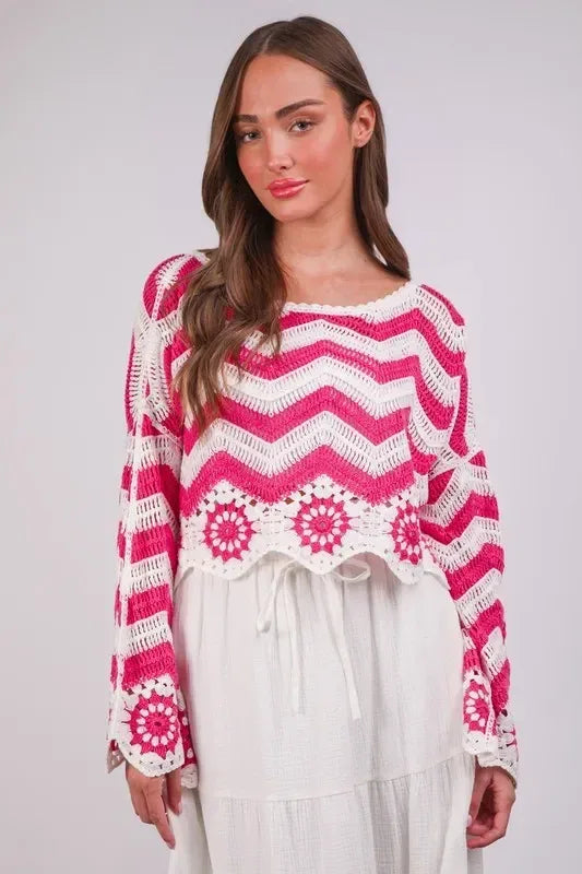 VERY J Chevron/Floral Pattern Crochet Knit Top - DAVERRI FASHIONS