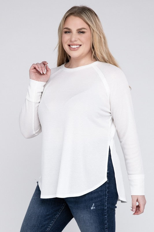 Plus Melange Baby Waffle Long Sleeve Top Plus Tops