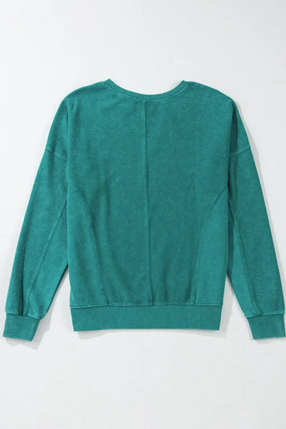 Notched Drop Shoulder Long Sleeve Sweatshirt - DAVERRI FASHIONS