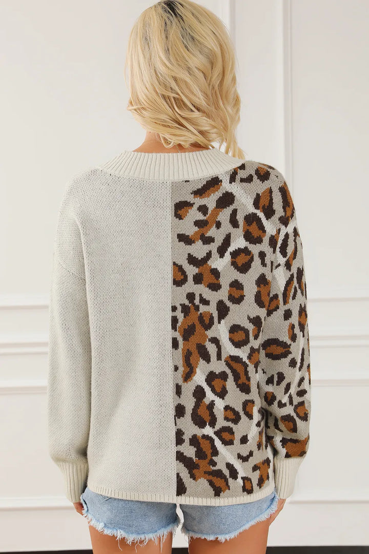 Leopard V Neck Drop Shoulder Sweater | Sweaters Daverri Fashions