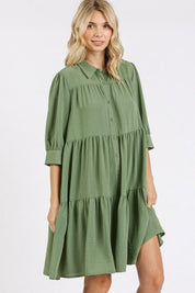 Mittoshop Button Detail Collared Neck Tiered Shirt Dress