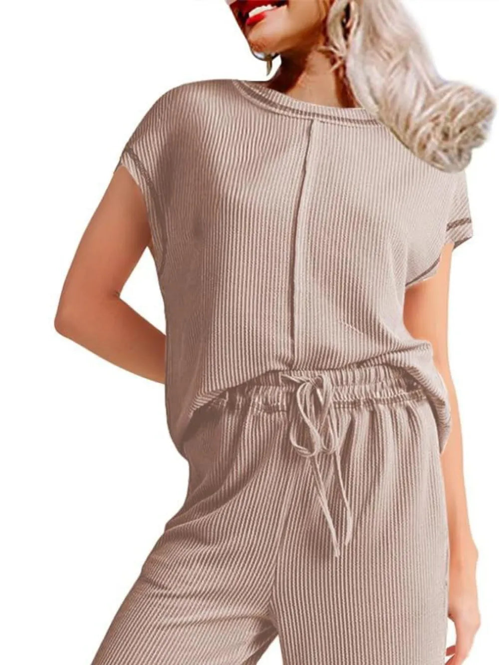 Ribbed Exposed Seam Top and Pants Set | Loungewear Sets Daverri Fashions