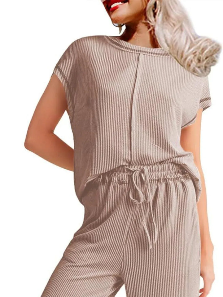 Ribbed Exposed Seam Top and Pants Set | Loungewear Sets Daverri Fashions