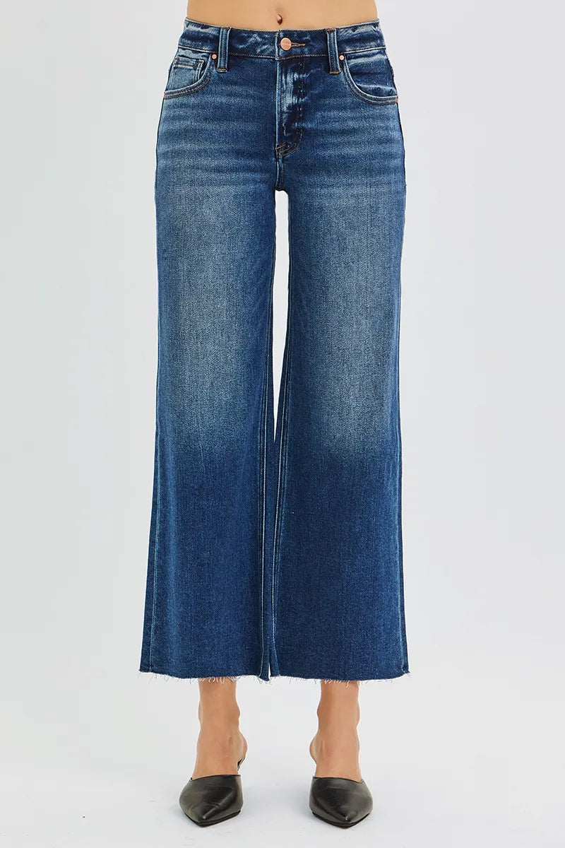 RISEN Full Size Mid Rise Crop Wide Raw Cut Hem Jeans Plus Size | Jeans Daverri Fashions