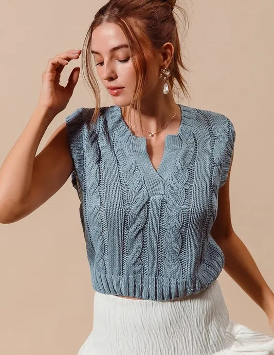SO ME Notched Neck Cable Knit Sweater Vest | Sweater Vests Daverri Fashions