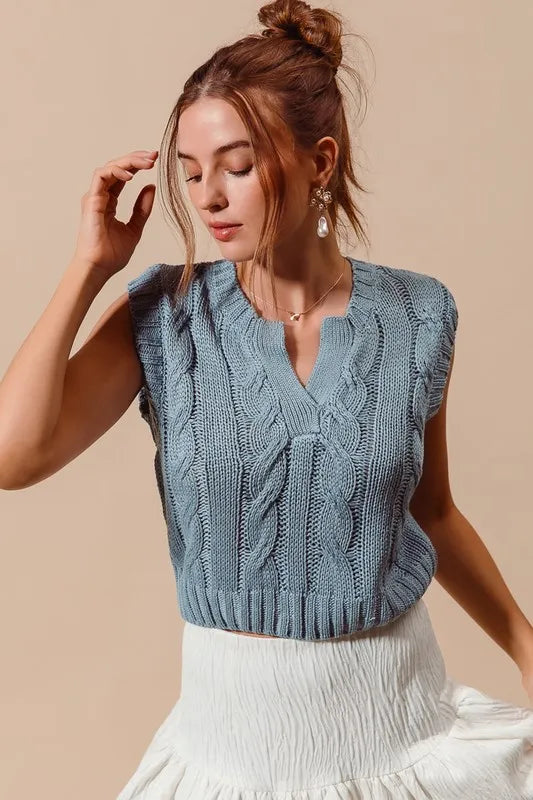 SO ME Notched Neck Cable Knit Sweater Vest | Sweater Vests Daverri Fashions
